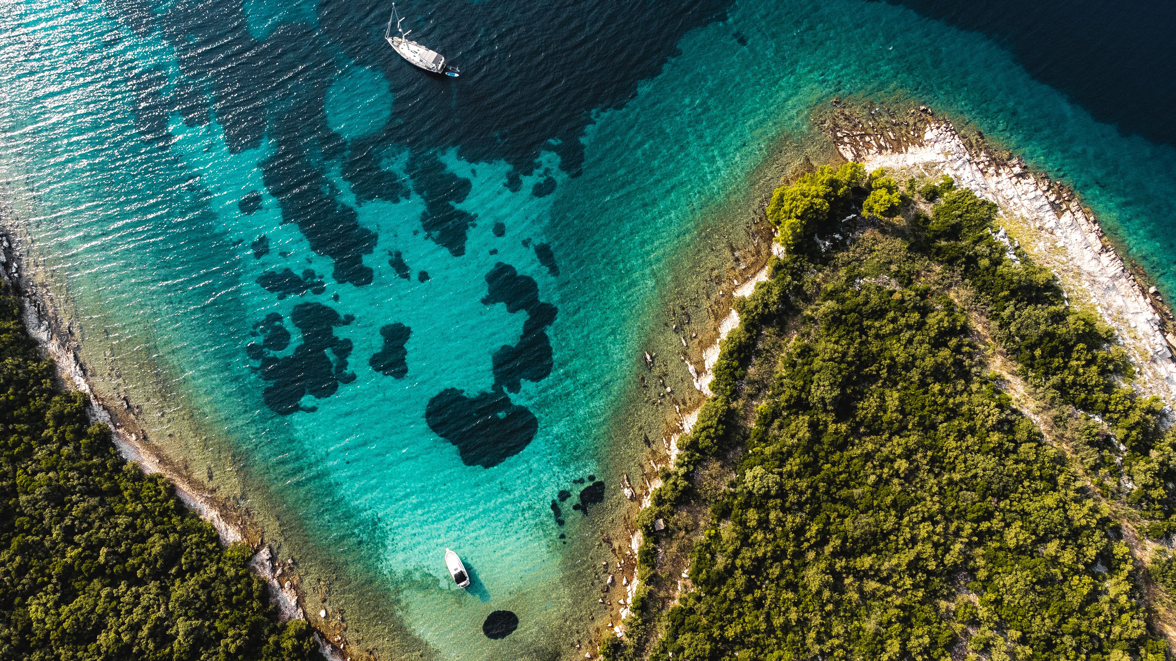 Aerial view of the turquoise Istrian coastline near Portalbona, Croatia