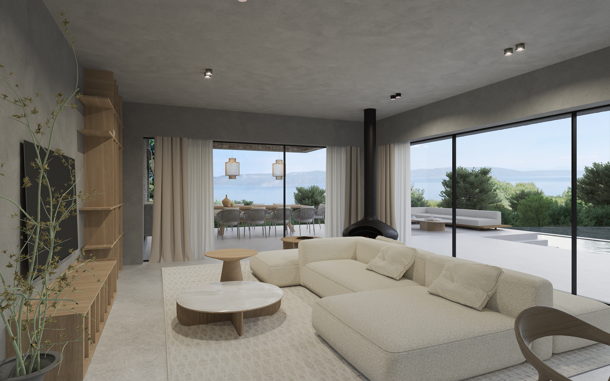 Wide panoramic night view of Villa Francesca and the illuminated terrace