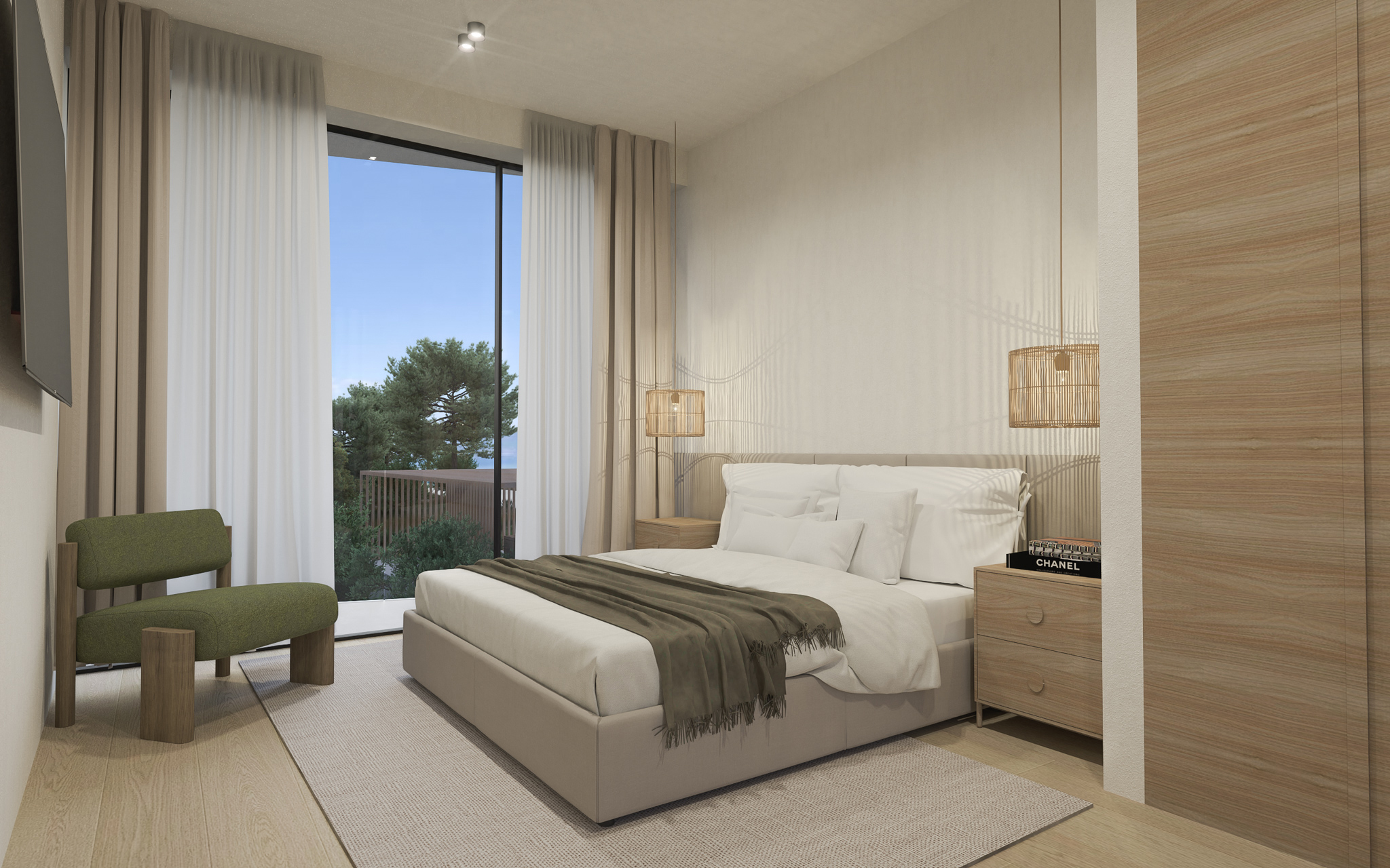 Guest bedroom with contemporary furnishings and natural light